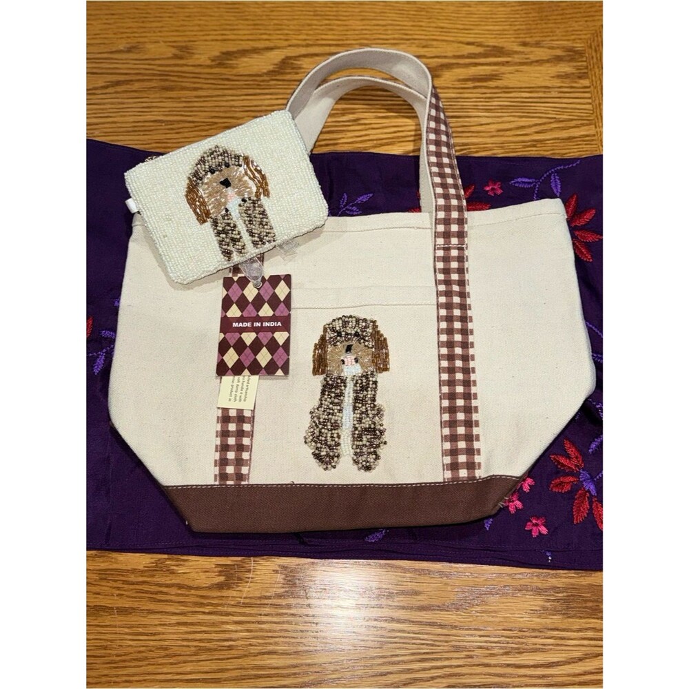 NWT Made in India Doodle Dog Canvas Tote Bag with Beaded Pouch